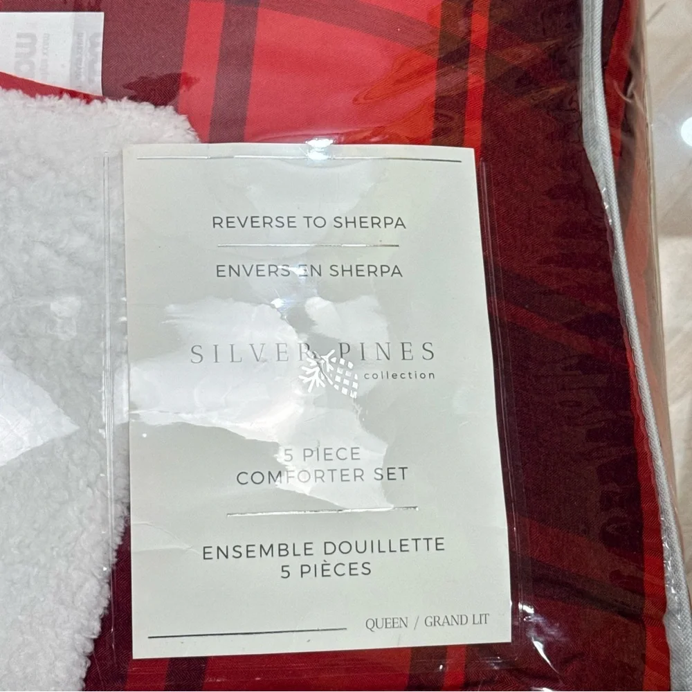 Silver Pines Queen 5pc Comforter Set Red Buffalo Plaid Sherpa Reversible NEW